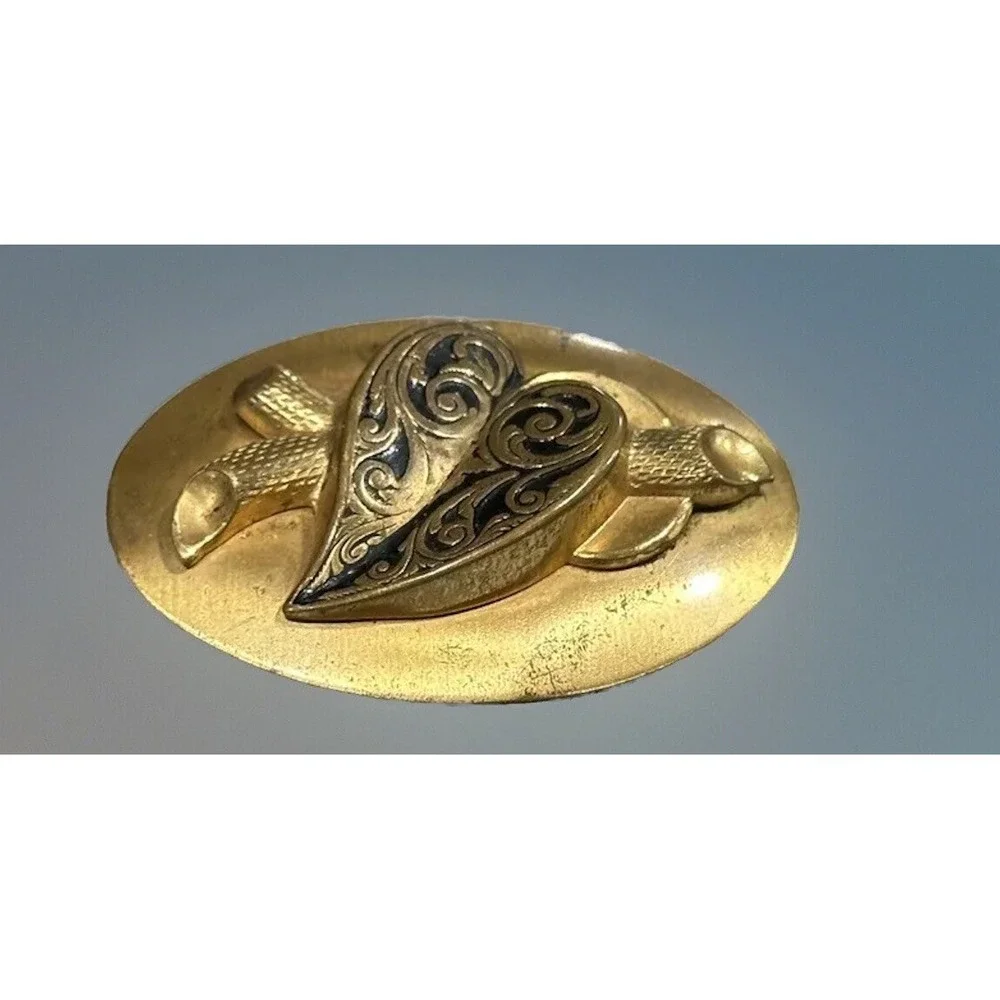 Vintage Victorian Revival Heart Brooch Gold Tone Dimensional